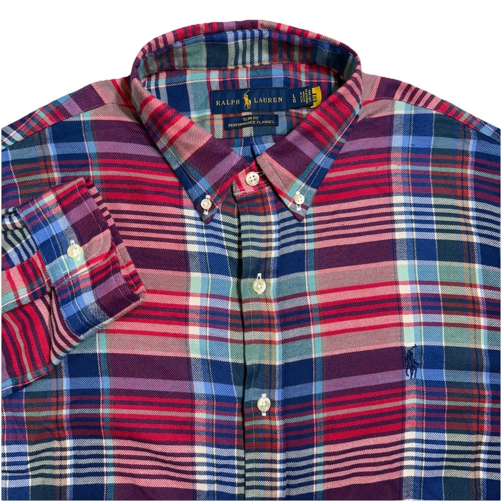 Ralph Lauren Slim Fit Performance Flannel Button Down Plaid Shirt Men's Large